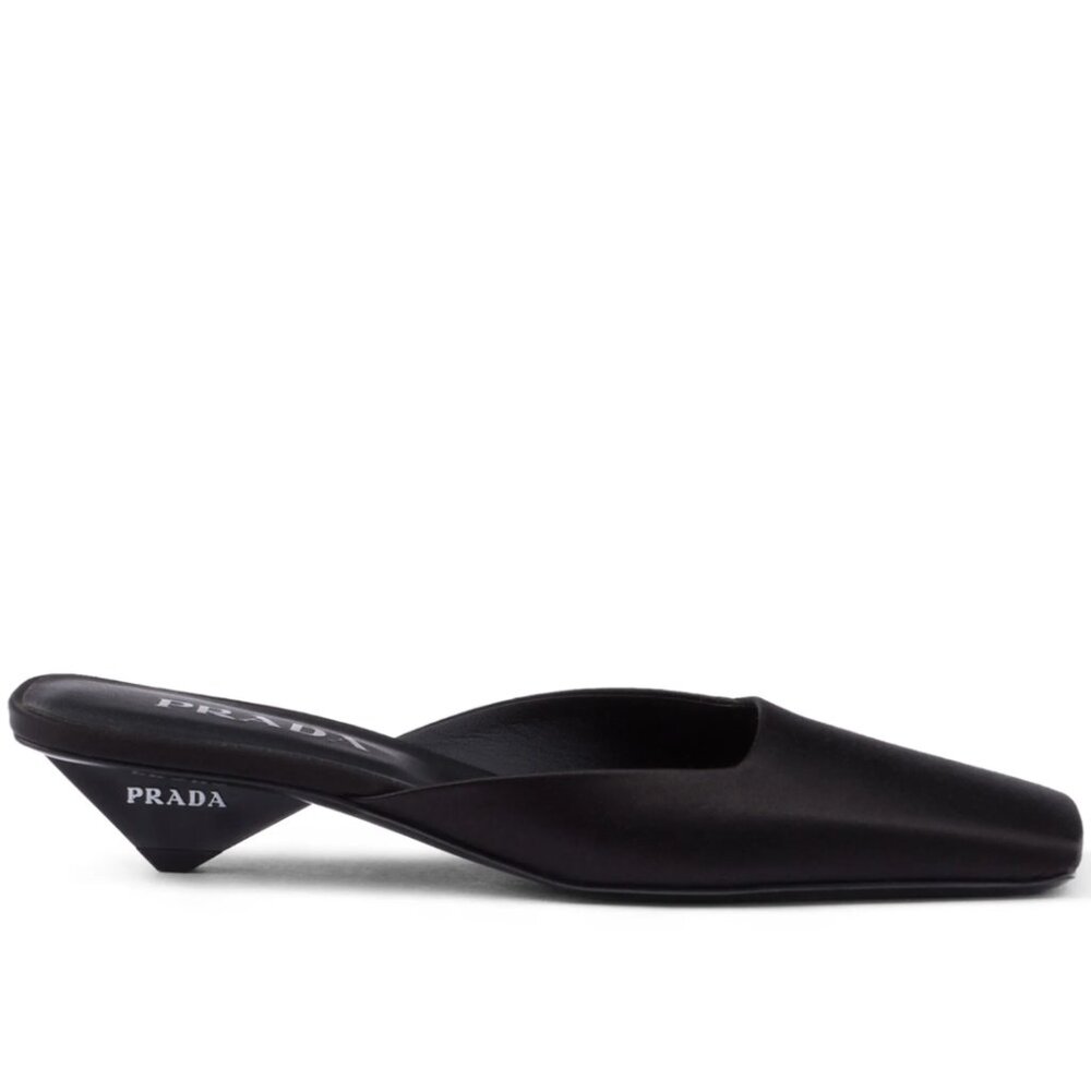 NWT Prada Slip-on mules Black Satin Square Toe Triangle Heels Sz 37